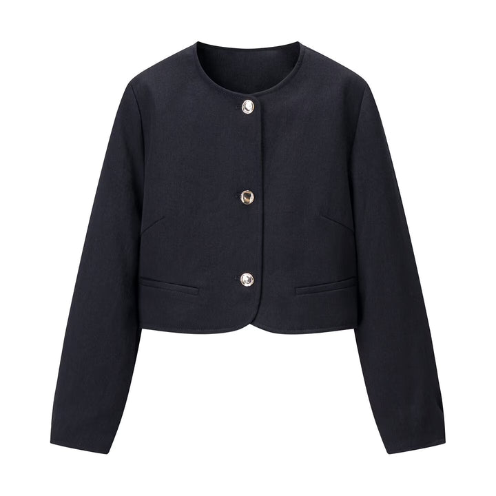 Saubere Damen-Cropped-Jacke mit kragenlosem Design und Knopfverschluss