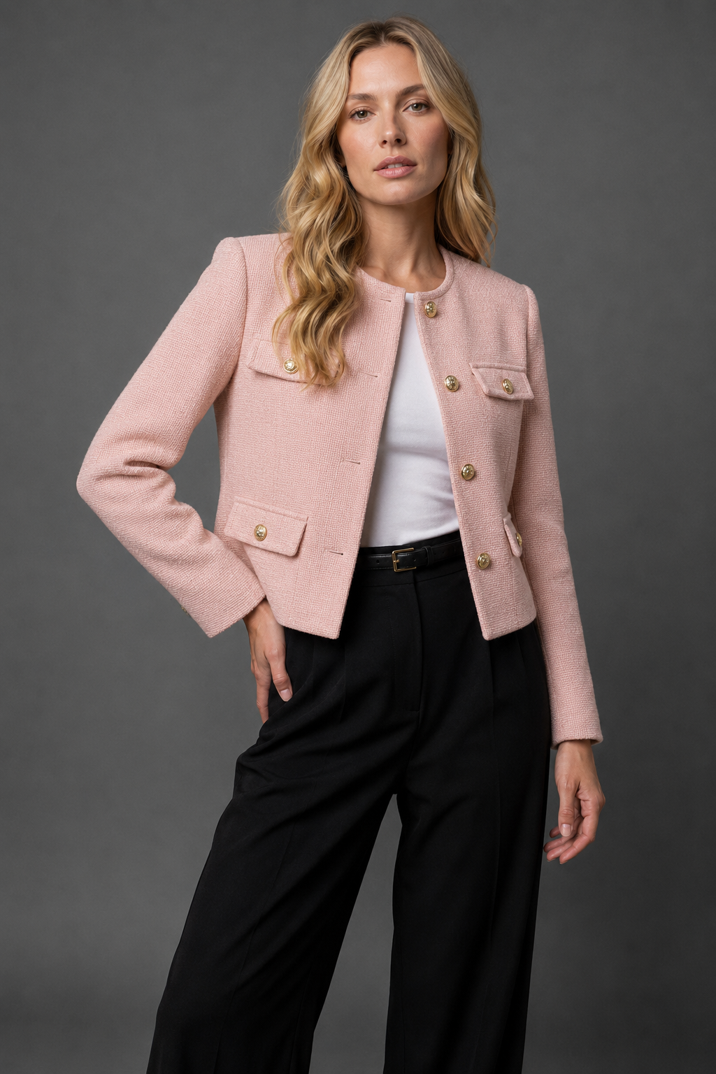 Gekürzter Tweed-Blazer mit goldenen Knöpfen und Klappentaschen