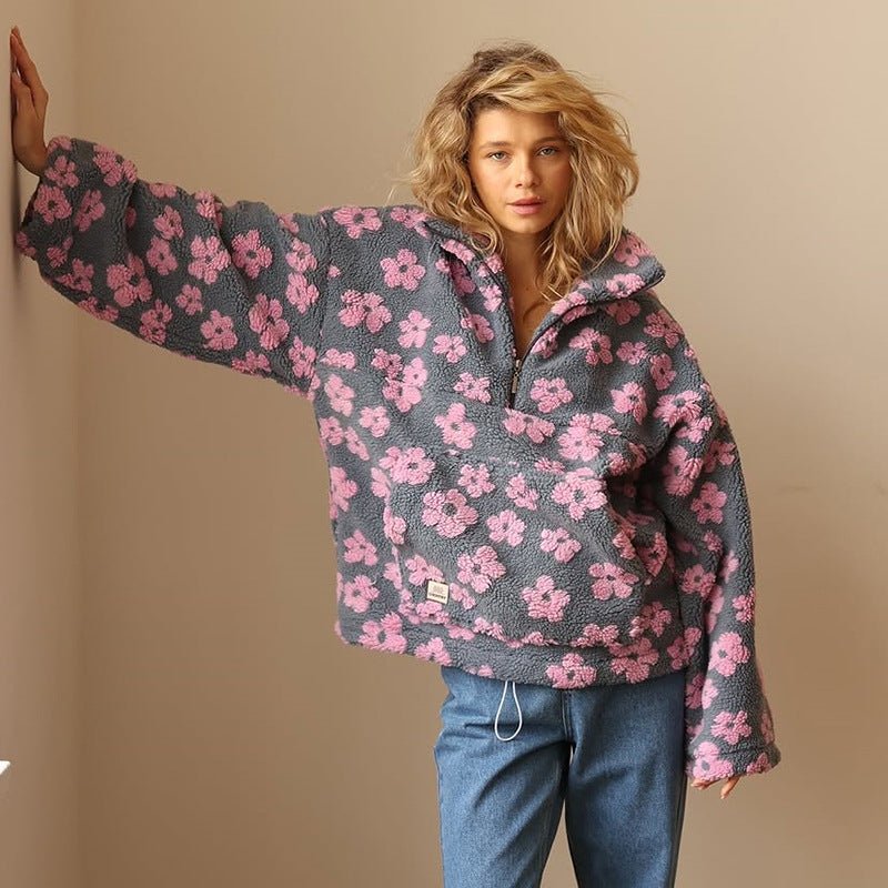 Übergroße florale Teddy-Fleece-Jacke mit halbem Reißverschluss