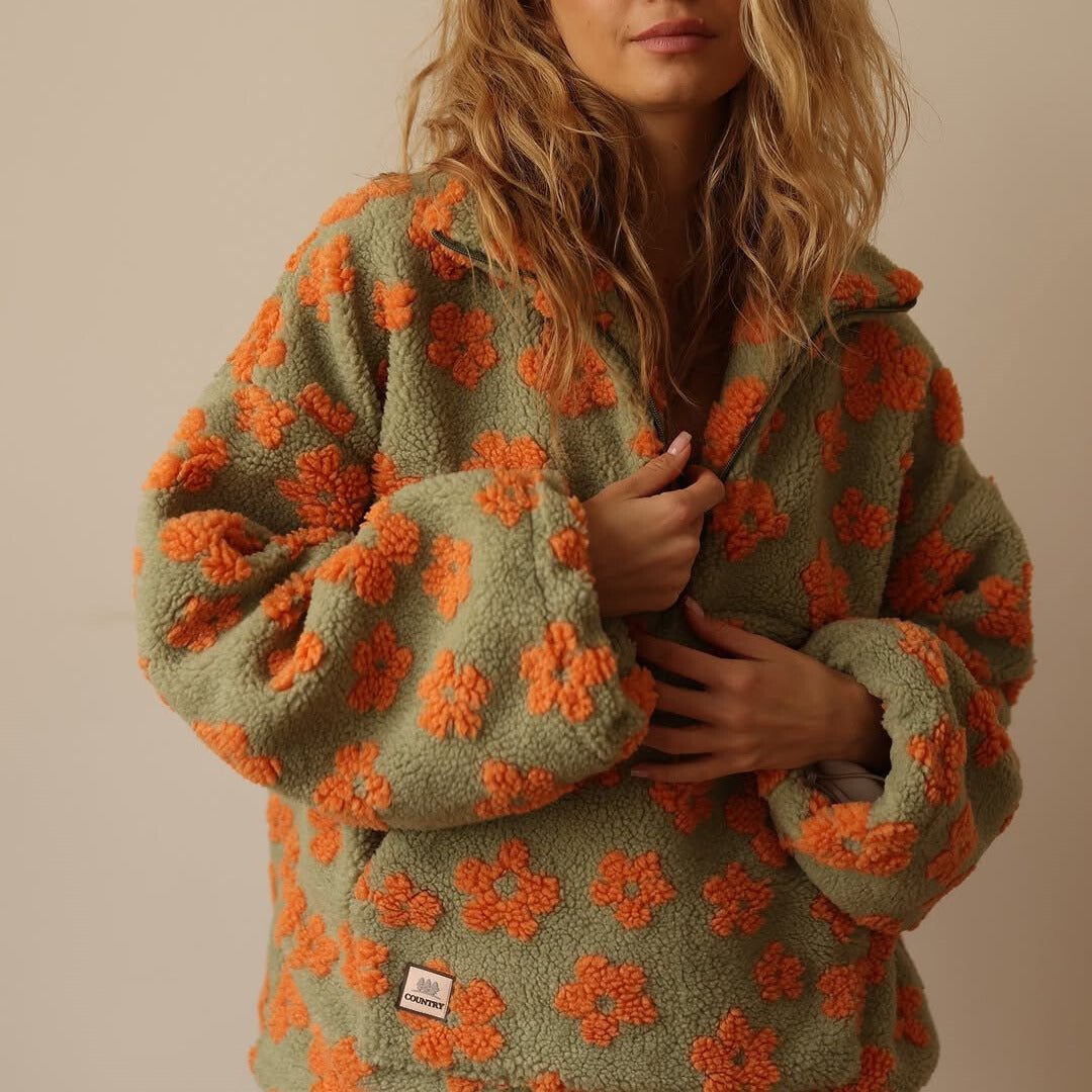 Übergroße florale Teddy-Fleece-Jacke mit halbem Reißverschluss