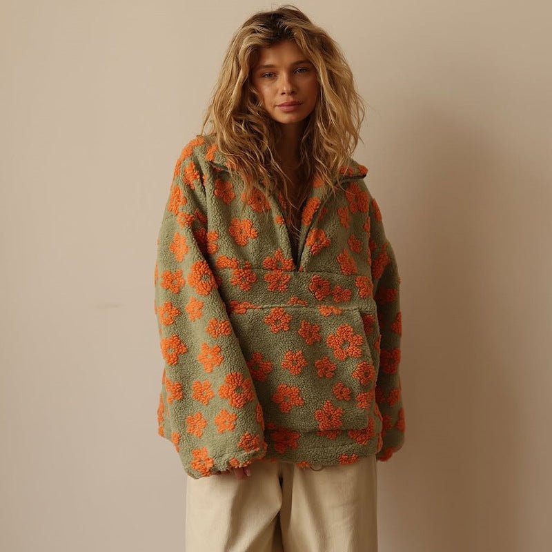 Übergroße florale Teddy-Fleece-Jacke mit halbem Reißverschluss