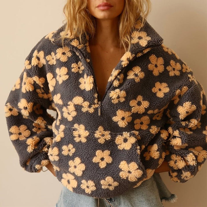 Übergroße florale Teddy-Fleece-Jacke mit halbem Reißverschluss