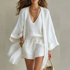 Ensemble deux-pièces en lin avec cardigan kimono et short à cordon de serrage