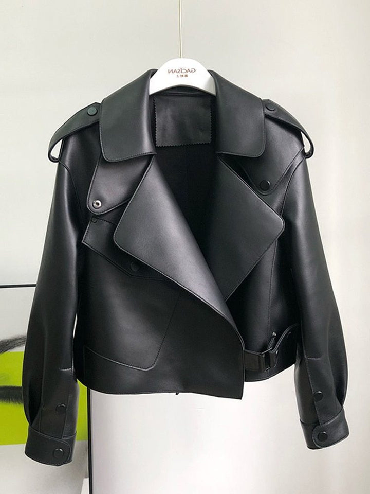 Trenchcoat Damen - Leder Cropped Trenchcoat mit langen Ärmeln
