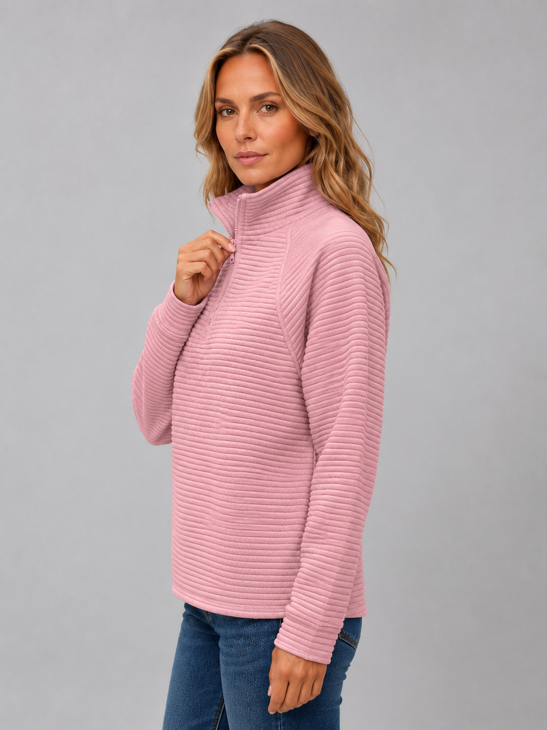 Pullover Damen - Quarter-Zip Ribbed Pullover mit langen Ärmeln