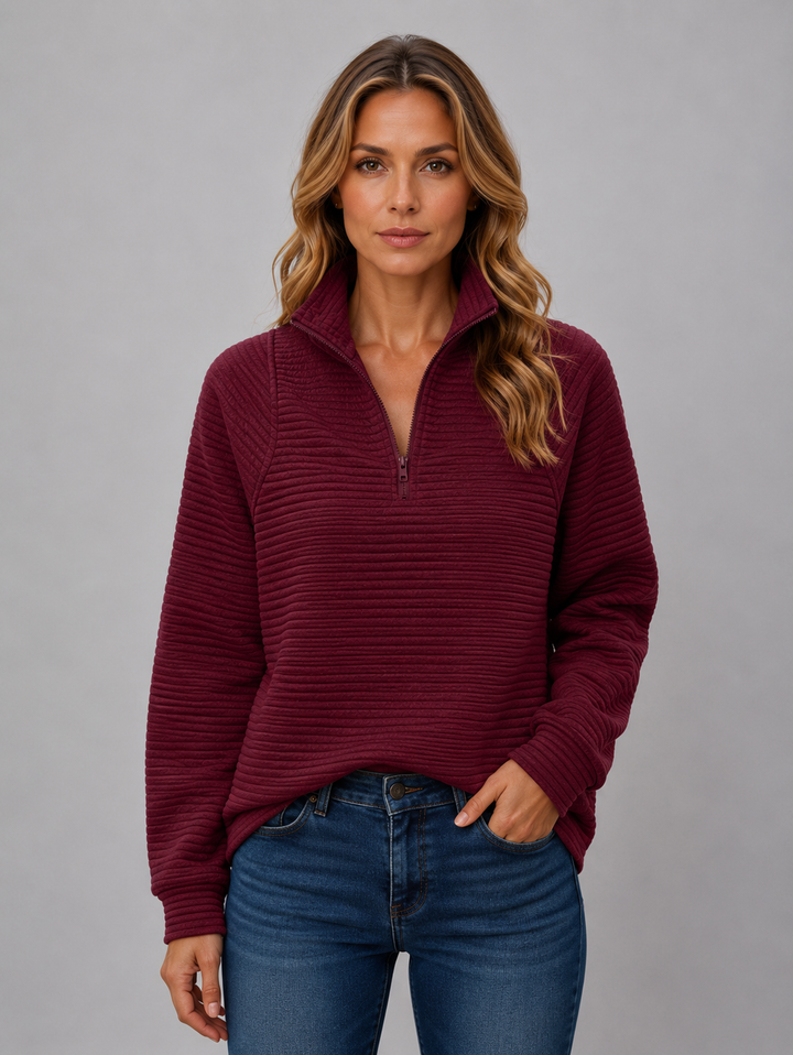 Pullover Damen - Quarter-Zip Ribbed Pullover mit langen Ärmeln