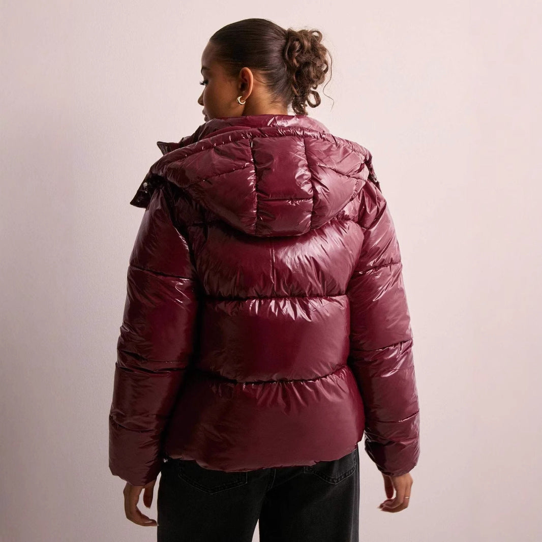 Damen Glänzende Gewatteerte Jacke mit Abnehmbarer Kapuze – Leichtgewicht