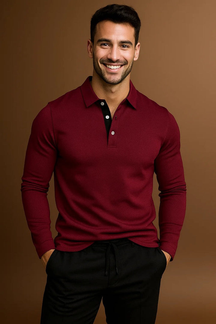 Verfeinertes Herren Langarm-Polohemd mit Knopfleiste und Kragen