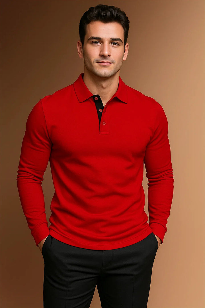Verfeinertes Herren Langarm-Polohemd mit Knopfleiste und Kragen