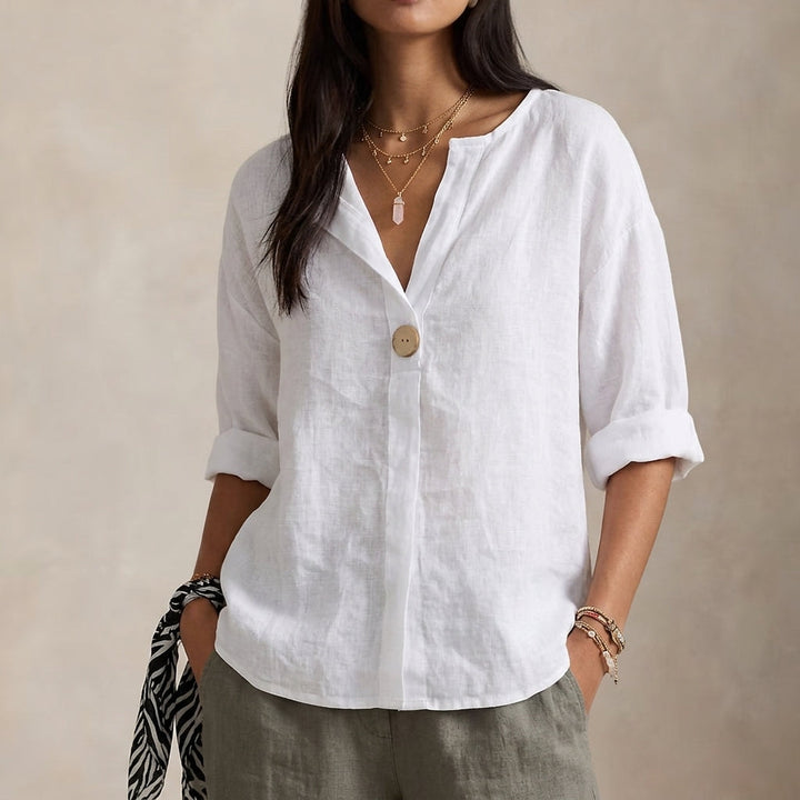 Chemise ample en lin avec encolure en V et un bouton
