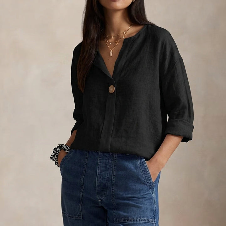 Chemise ample en lin avec encolure en V et un bouton