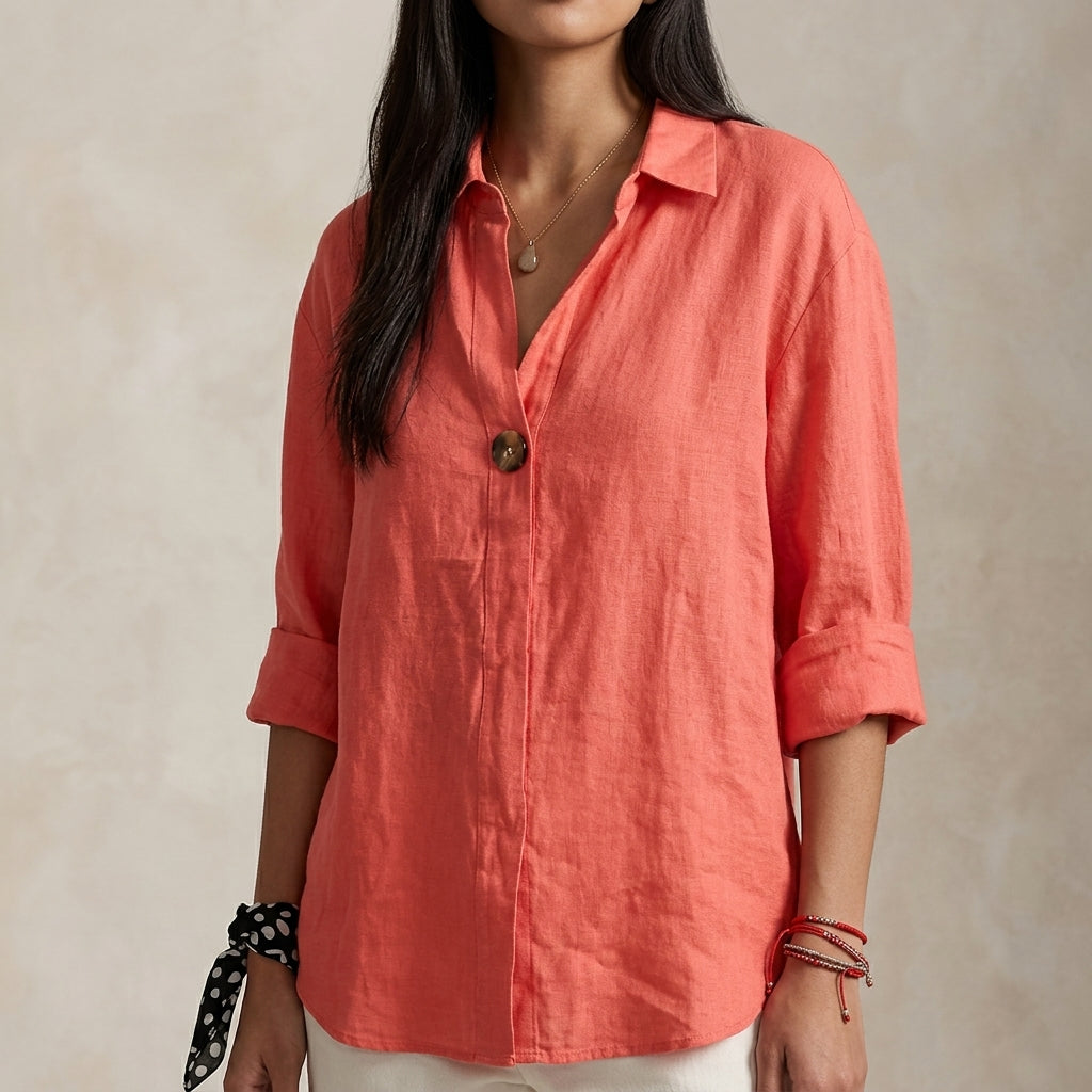 Chemise ample en lin avec encolure en V et un bouton