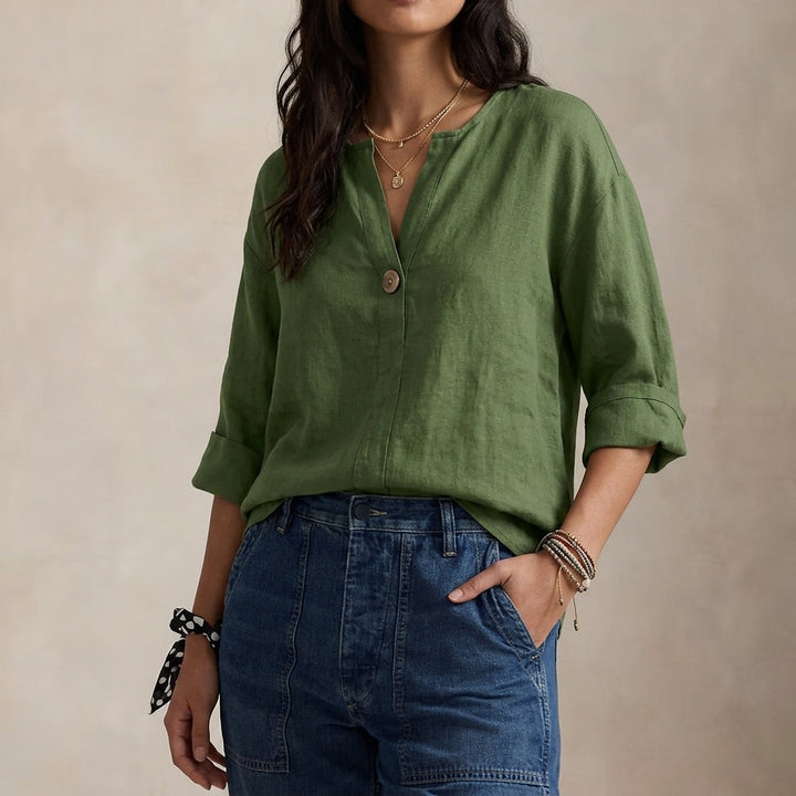 Chemise ample en lin avec encolure en V et un bouton