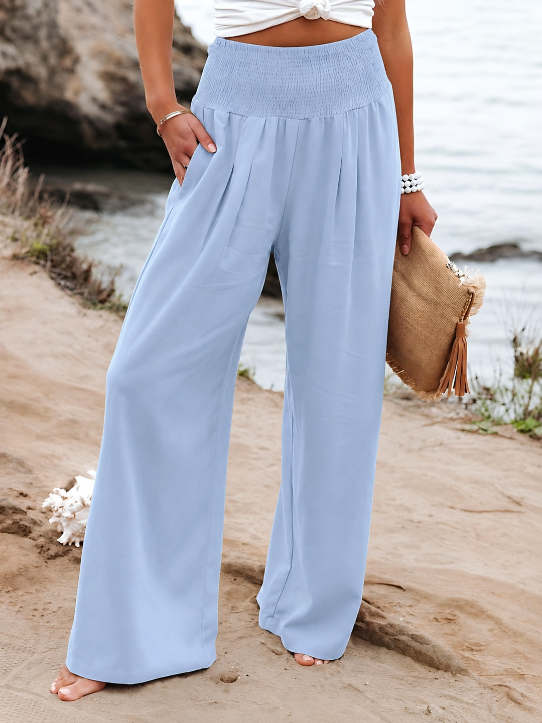 Pantalon ample en lin à taille froncée
