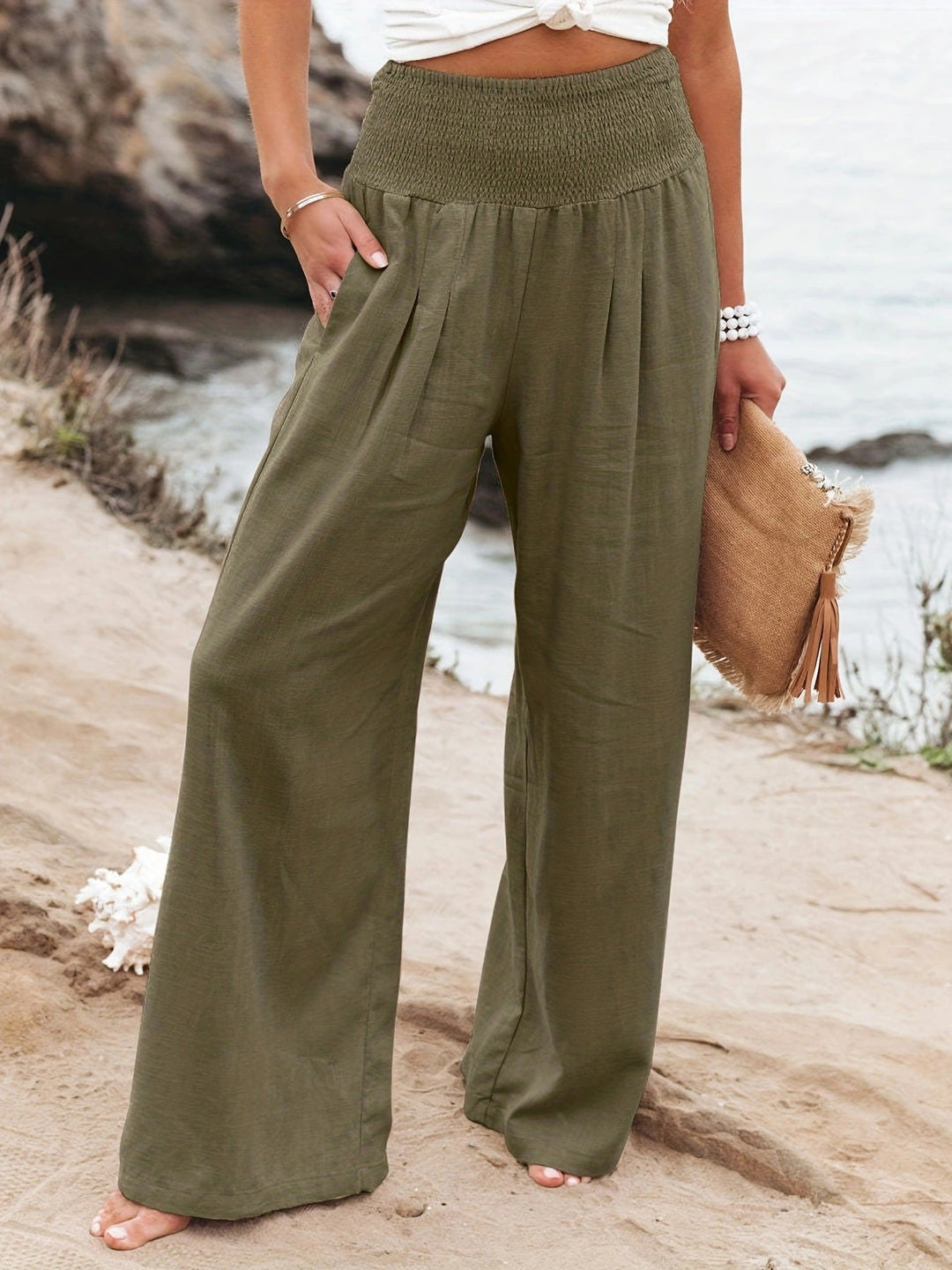 Pantalon ample en lin à taille froncée