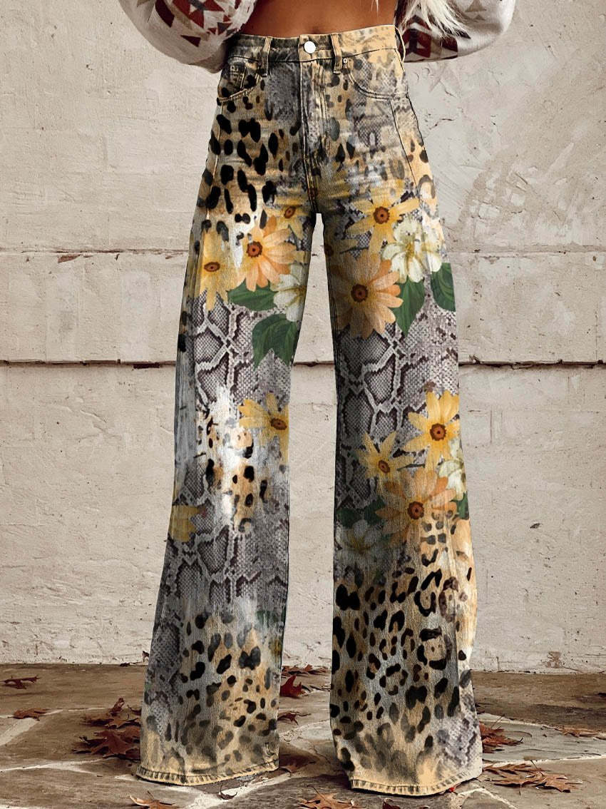 Retro Bedruckte Hose mit Hoher Taille und Vollem Schlag