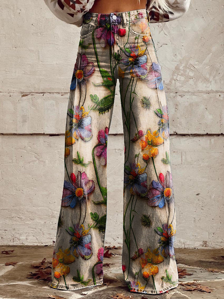 Retro Bedruckte Hose mit Hoher Taille und Vollem Schlag