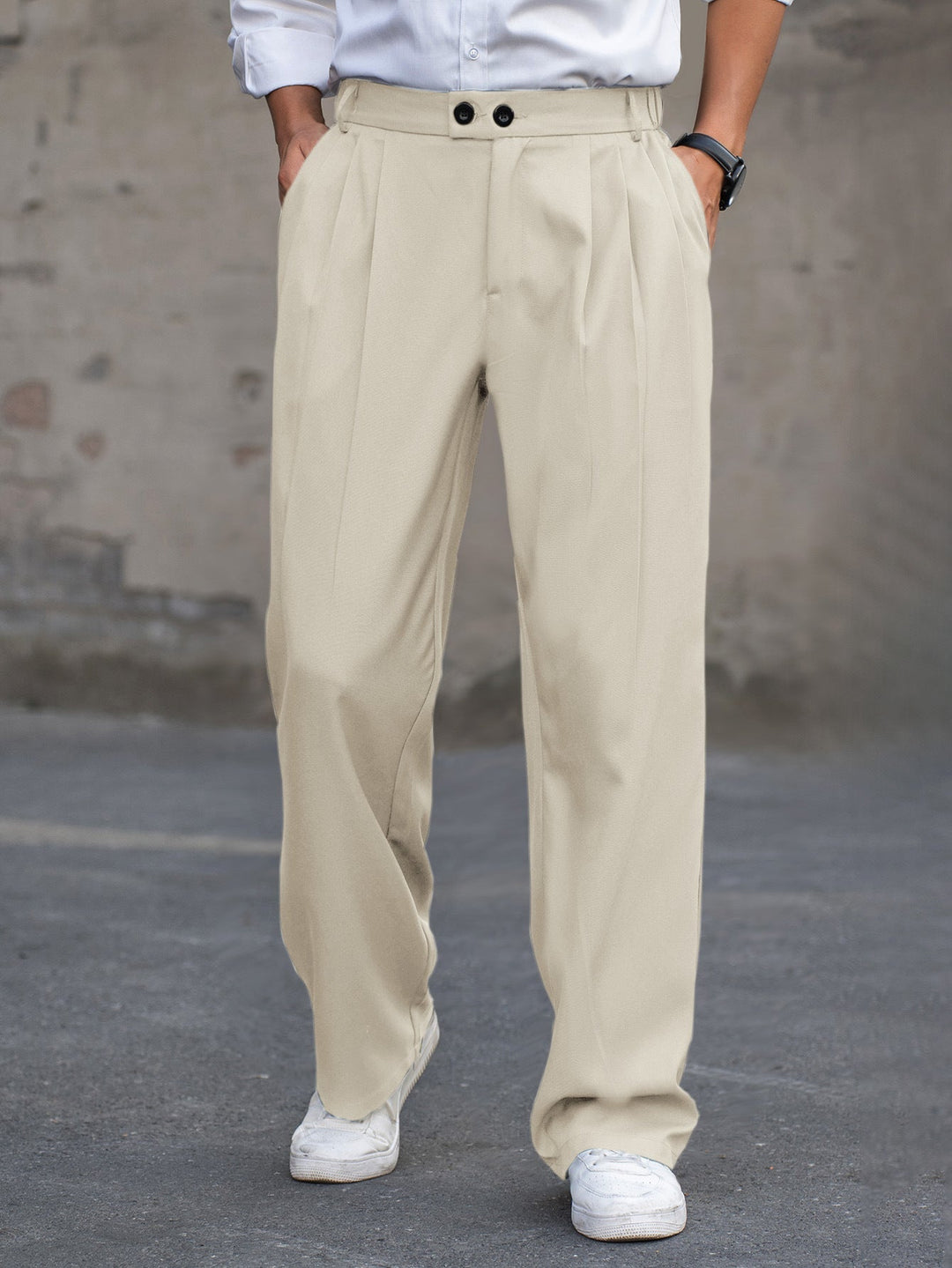 Pantalon plissé ample taille haute sur mesure pour homme avec double boutonnage