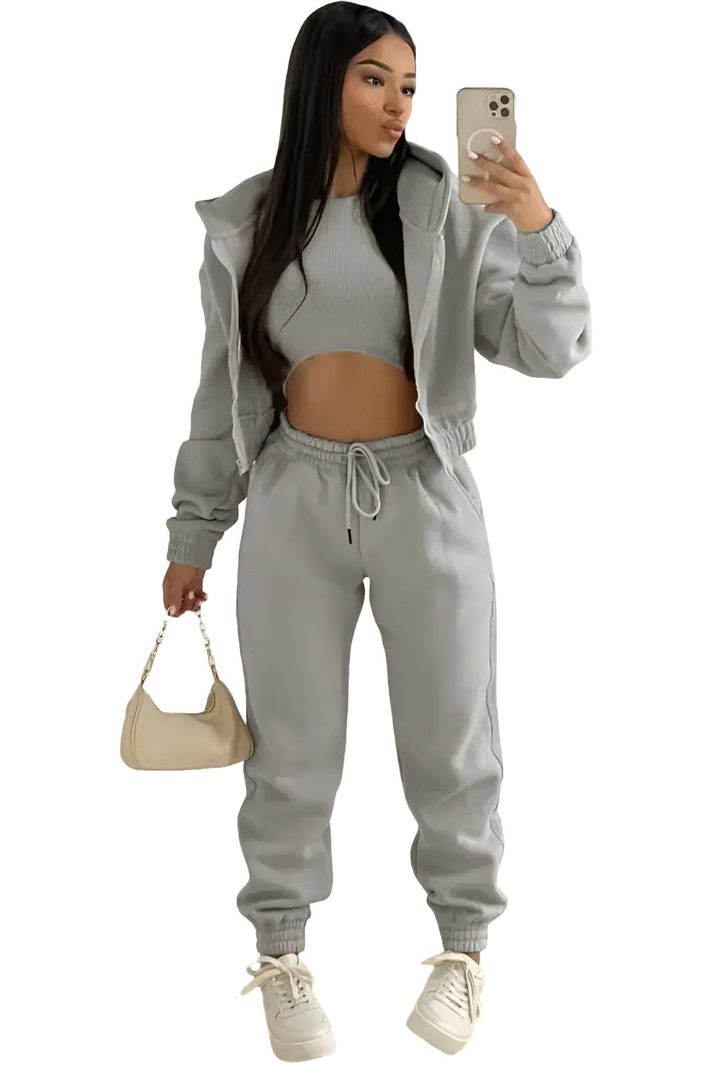 Drei-teilige Lounge-Set mit verkürztem Hoodie und Jogginghosen