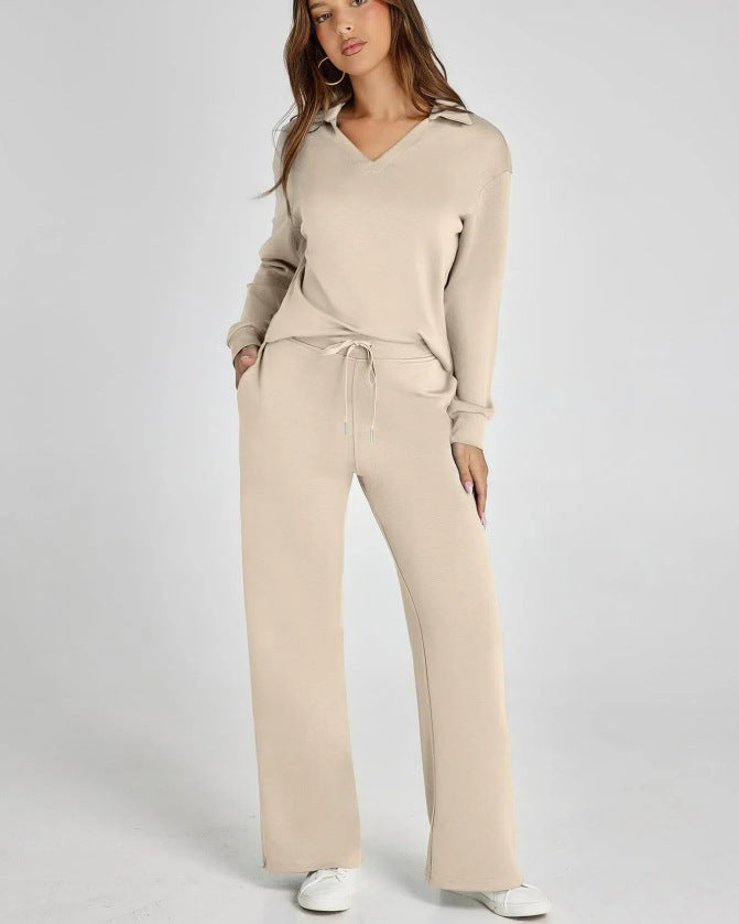 Zweiteiliges Loungewear-Set mit V-Ausschnitt-Oberteil und weiten Hosen