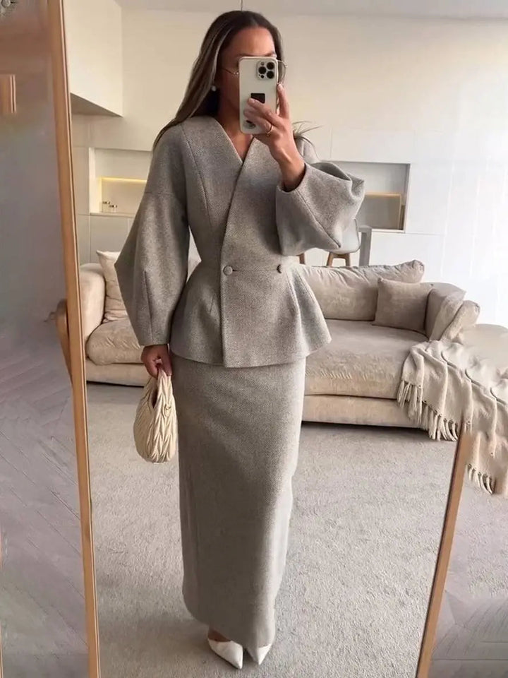 Zwei-Teile Rockanzug mit Puffärmel-Blazer und V-Ausschnitt
