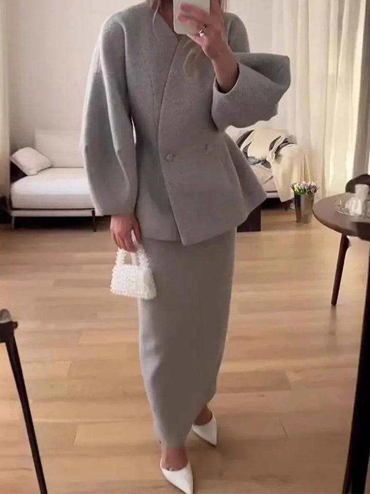 Zwei-Teiliges Rockanzug mit Puffärmel-Blazer und V-Ausschnitt