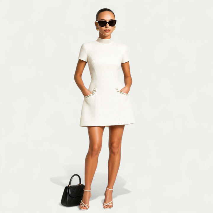 Damen Cocktail Mini Kleid | Perlenbesatz Tasche
