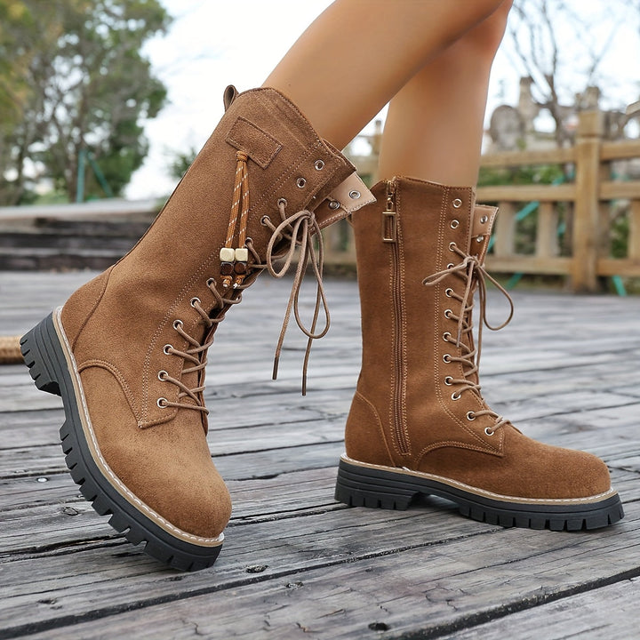 Damen Schnürstiefeletten knöchelhoch mit Profilsohle und Reißverschluss, braun