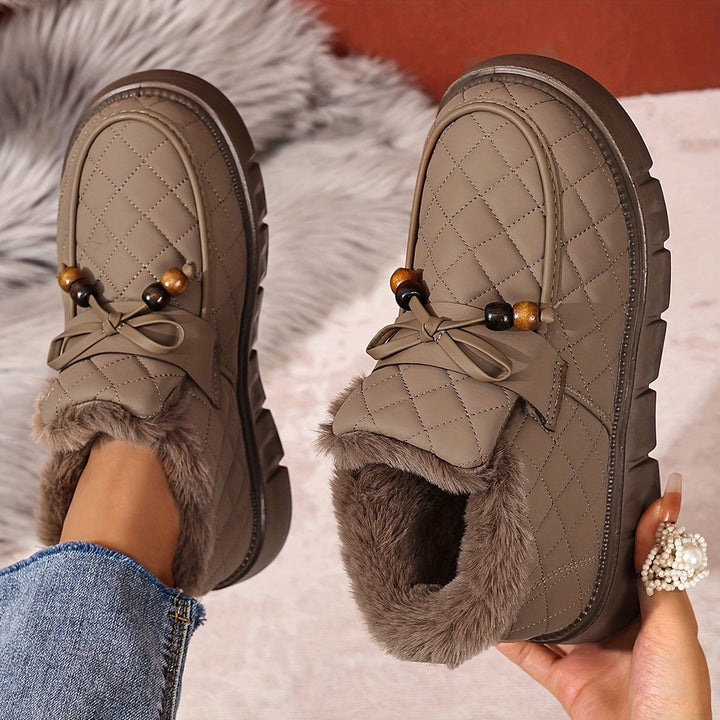 Damen Winter-Ankle Boots mit gepolstertem Design, Plateausohle, Kunstfellfutter, Zierperlen und Schnürung