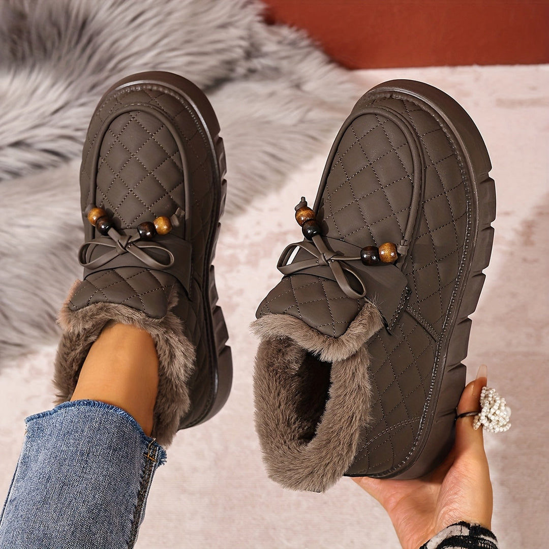 Damen Winter-Ankle Boots mit gepolstertem Design, Plateausohle, Kunstfellfutter, Zierperlen und Schnürung