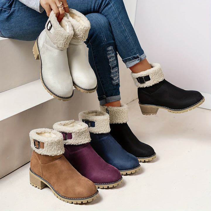 Damen Stiefeletten mit Schnalle, Teddyfellrand und Profilsohle