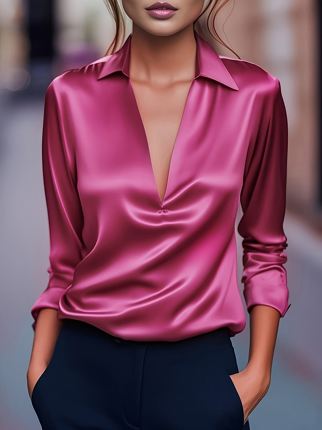 Blouse Femme Élégante et Polyvalente Col V Aspect Satiné | Havanna