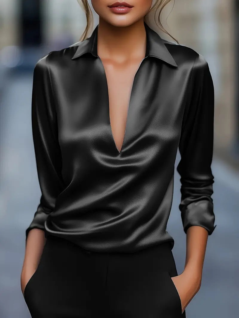Blouse Femme Élégante et Polyvalente Col V Aspect Satiné | Havanna