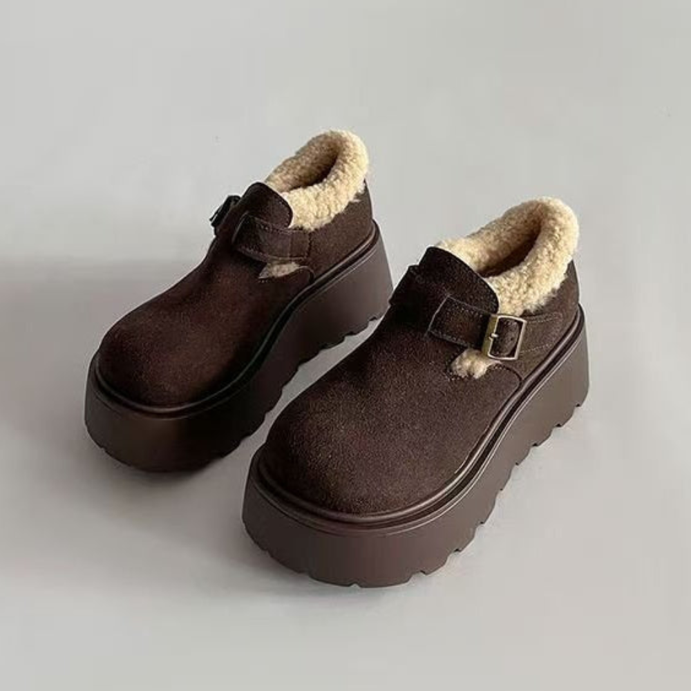 Damen Plateau-Schuh mit Schnalle &amp; Futter, braun