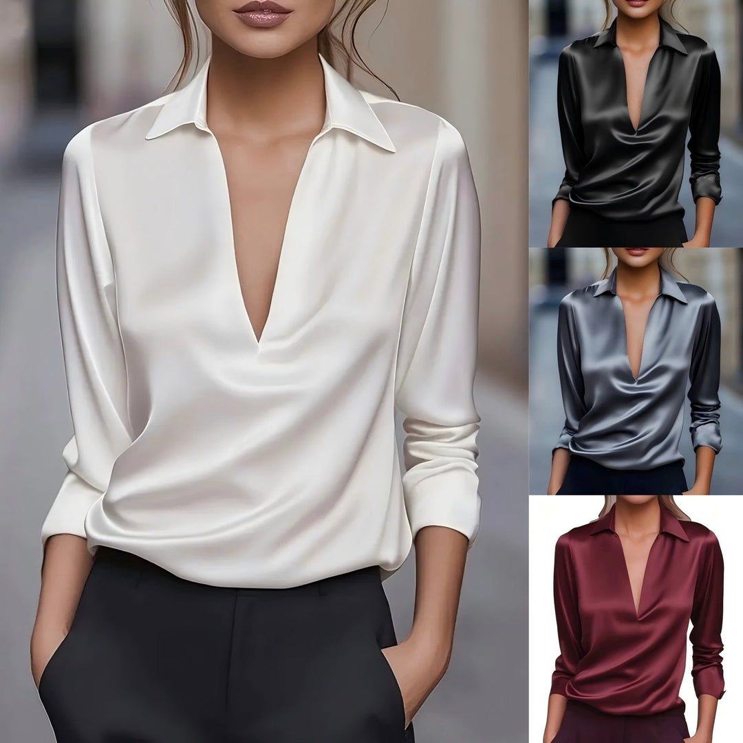 Blouse Femme Élégante et Polyvalente Col V Aspect Satiné | Havanna