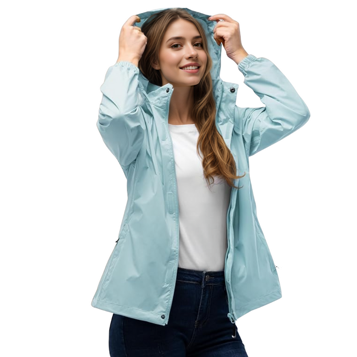 Damen wasserdichte packbare Regenjacke mit Kapuze für Reisen