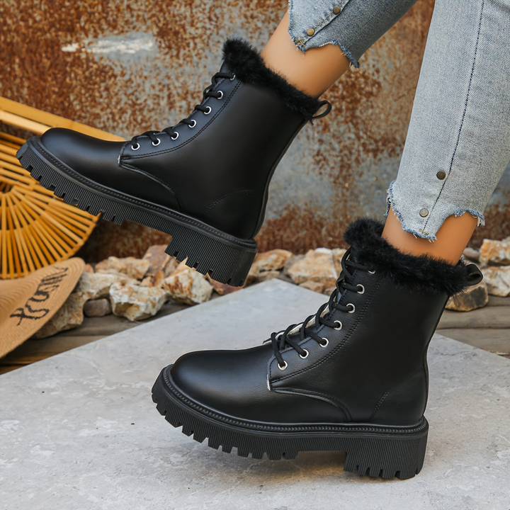 Damen Winterstiefeletten mit dicker Sohle und Kunstfellfutter zum Schnüren
