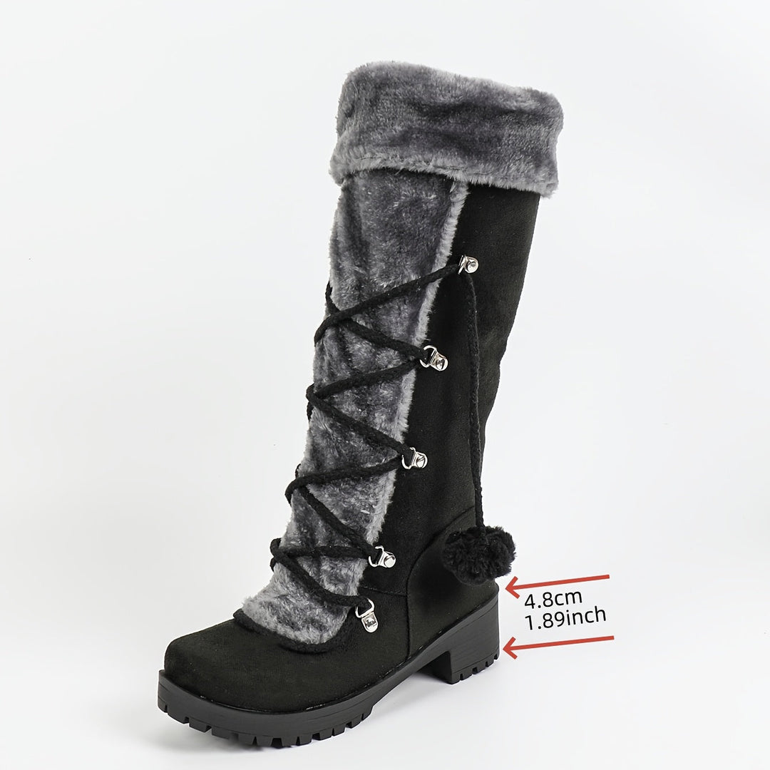 Damen Stiefel Schwarz mit Kunstfell Akzenten und Schnürdetails