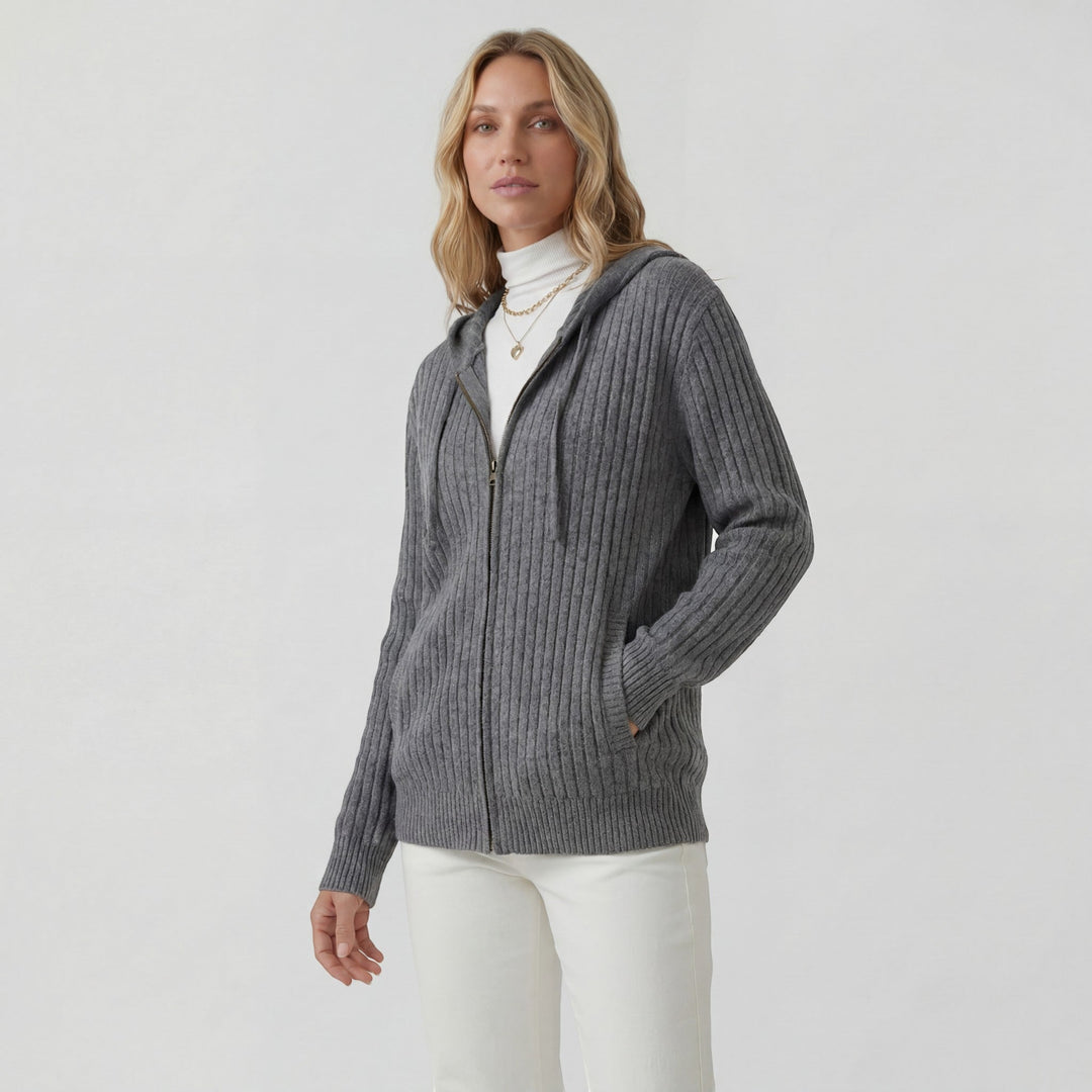 Damen Rippstrick Zip-Up Hoodie Cardigan – Oversized Full-Zip Stil