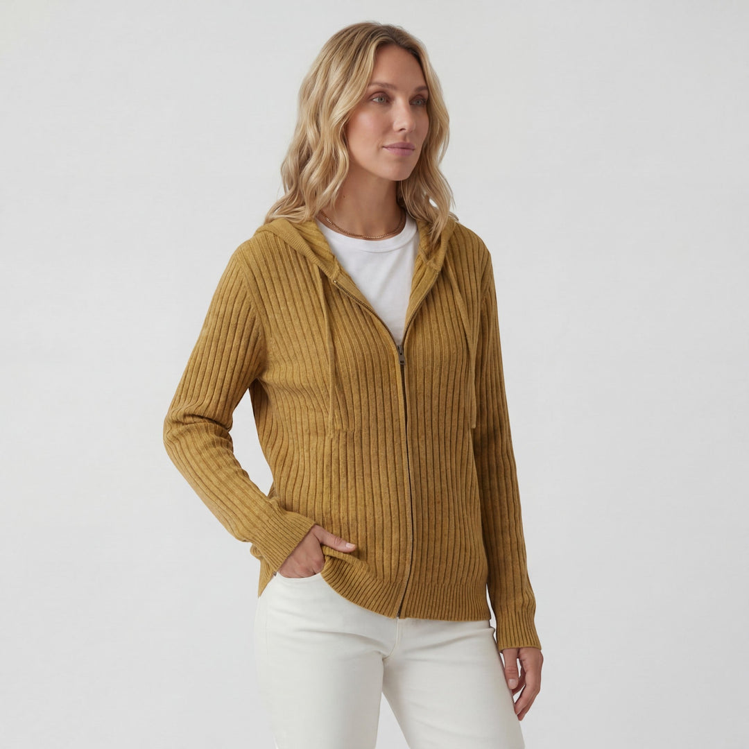 Damen Rippstrick Zip-Up Hoodie Cardigan – Oversized Full-Zip Stil