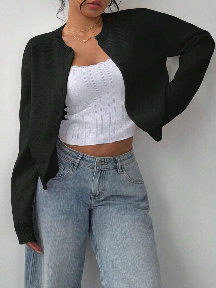 Gekürzter Cardigan – Strick-Slim-Fit Pullover mit langen Ärmeln für Damen