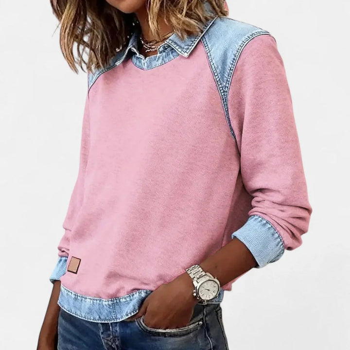 Damen Strickpullover mit Denim-Kragen Patchwork Raglan Pullover