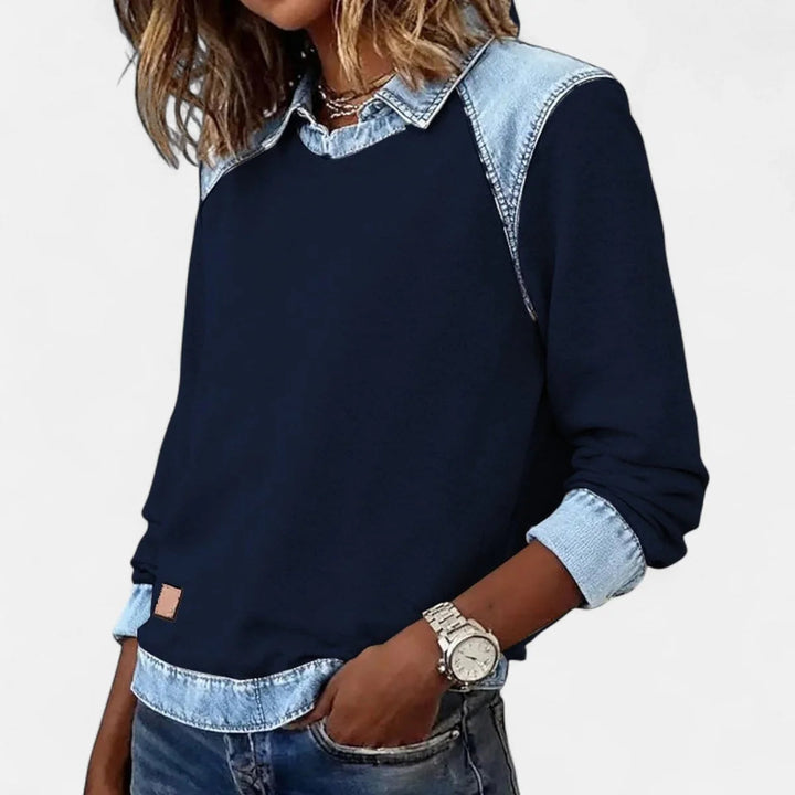 Damen Strickpullover mit Denim-Kragen Patchwork Raglan Pullover