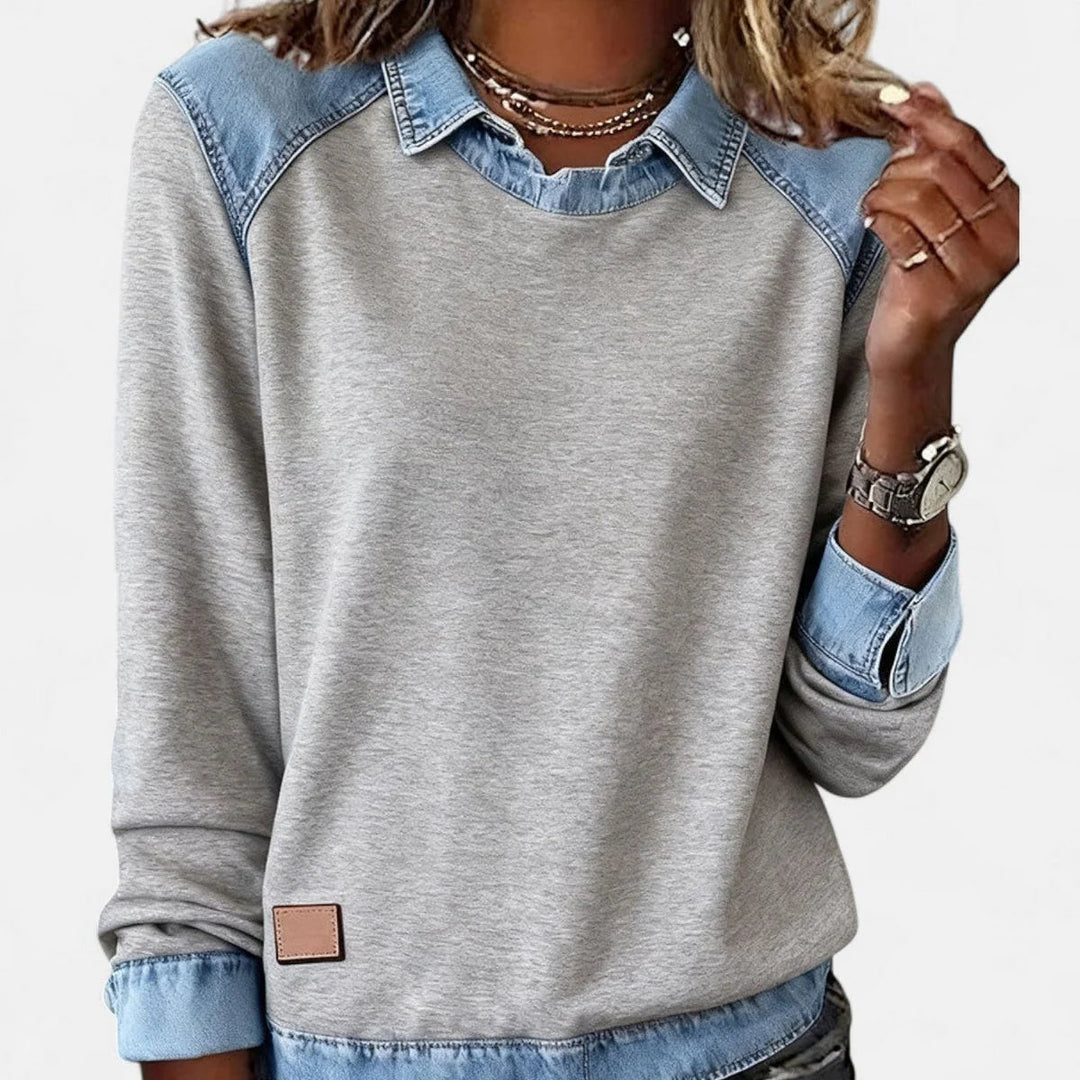Damen Strickpullover mit Denim-Kragen Patchwork Raglan Pullover