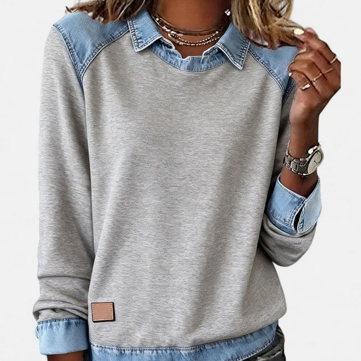 Damen Strickpullover mit Denim-Kragen Patchwork Raglan Pullover