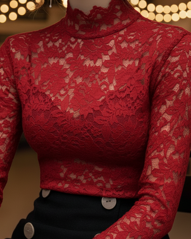 Damen Bluse mit floraler Spitze und hohem Kragen – Langarm, figurbetont, mit Wellenkante