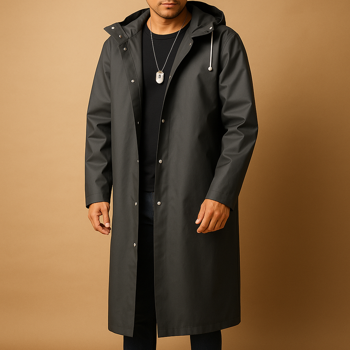Lange Regenjacke für Herren – Wasserdichte Jacke mit Kapuze