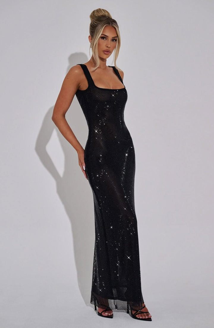 Damen Prom Kleid mit Strass, Quadrat-Ausschnitt, Maxi-Länge