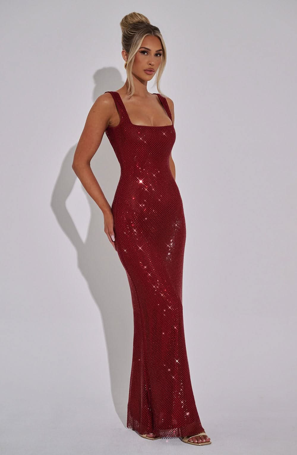 Damen Prom Kleid mit Strass, Quadrat-Ausschnitt, Maxi-Länge