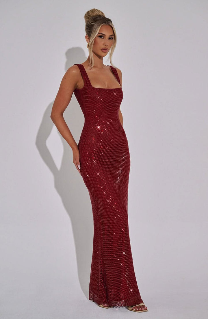 Damen Prom Kleid mit Strass, Quadrat-Ausschnitt, Maxi-Länge